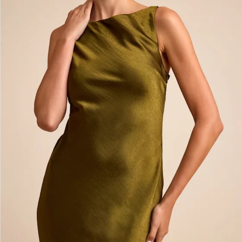 Lulus Janita Olive Satin Sleeveless Cowl Back Maxi Dress Green - Size XS - Picture 2 of 5